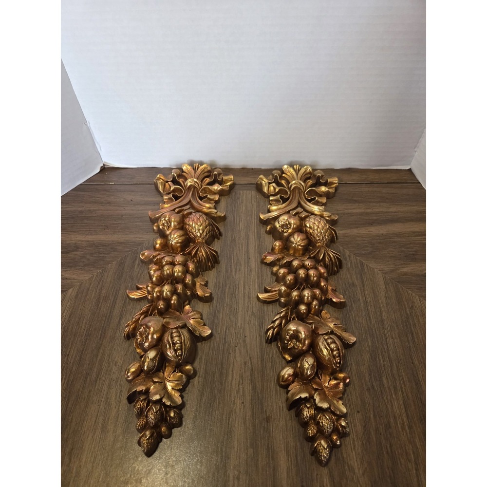 vintage mid-century gold-gilt Syroco wall plaque Fruit, Hollywood Regency, Mcm